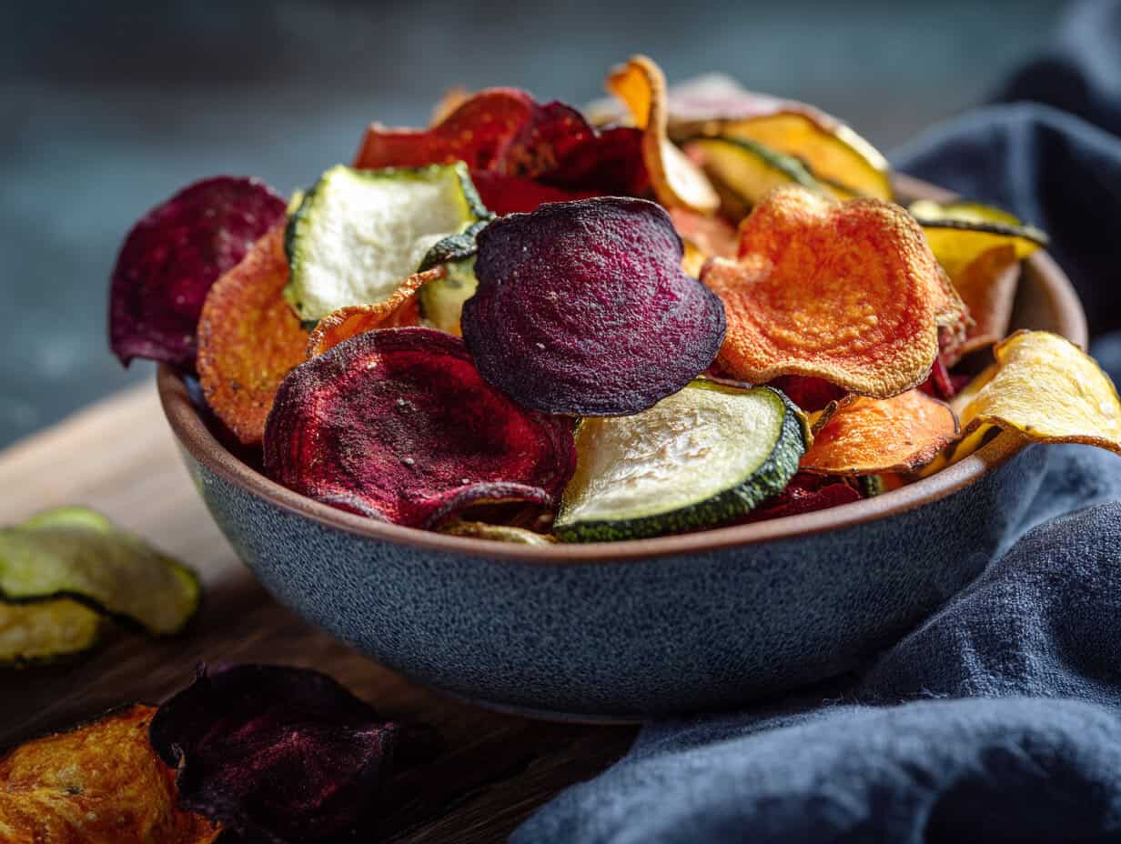 Bunte selbstgemachte Gemüsechips aus der Heißluftfritteuse