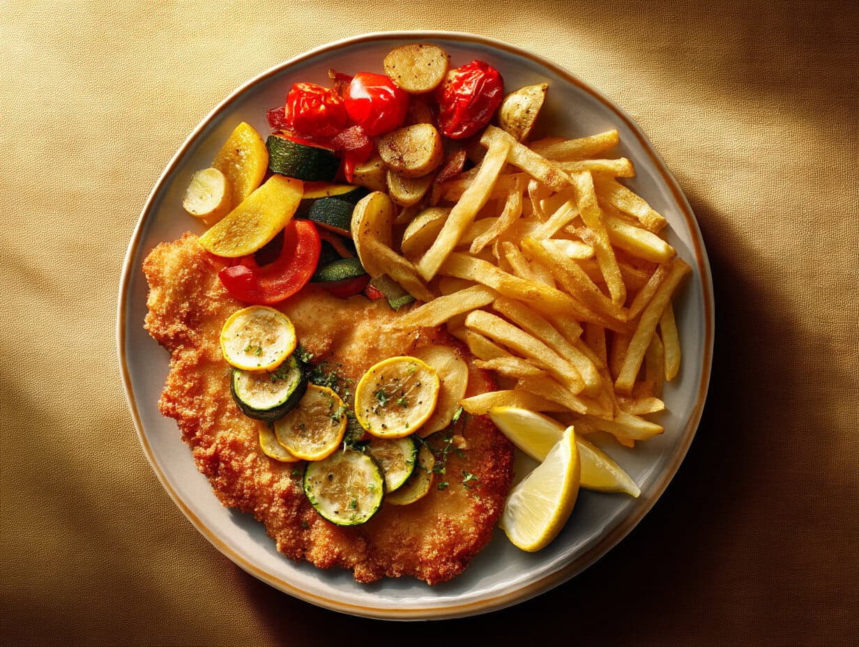 Komplettes Menü aus der Heißluftfritteuse: Schnitzel, Pommes und Gemüse